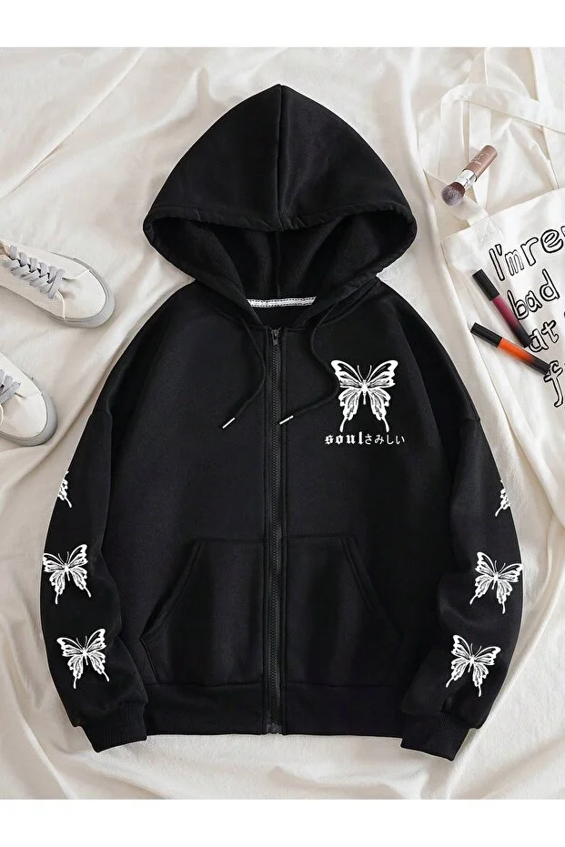 Kelebek baskılı siyah oversize kapşonlu fermuarlı sweatshirt hoodie