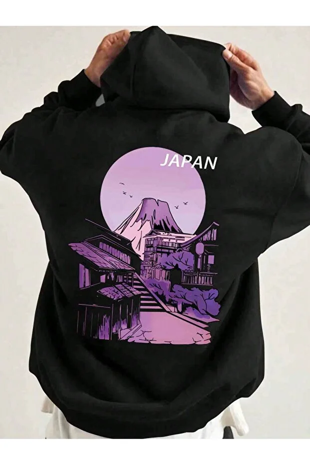 japan tokyo arka baskılı siyah1 oversize kapşonlu sweatshirt hoodie