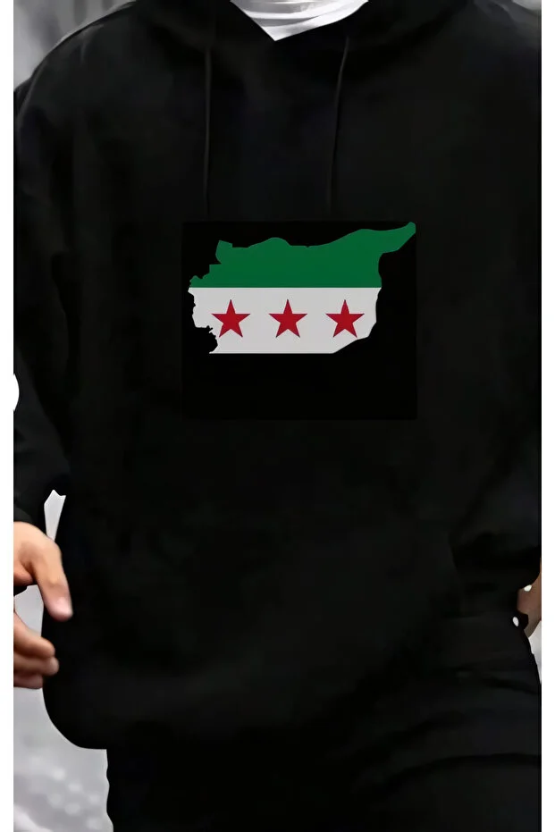 Suriye Bayrağı Baskılı Kapüşonlu Sweatshirt Hoodie