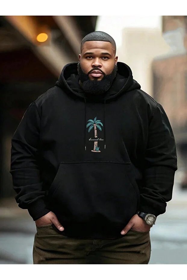 palmiye ağacı ön baskılı siyah oversize kapşonlu sweatshirt hoodie