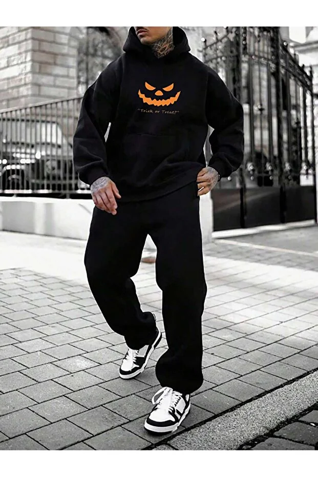 trick or treat hülen yüz halloween ön baskılı siyah oversize kapşonlu sweatshirt hoodie
