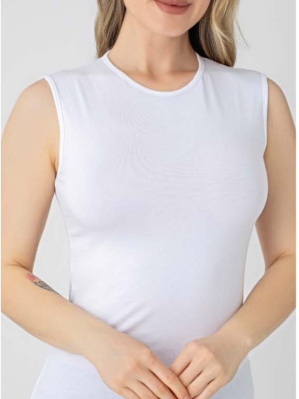 Kadın Beyaz Bisiklet Yaka Kolsuz Atlet / İnce Askılı Basic İçlik Tişört-2513