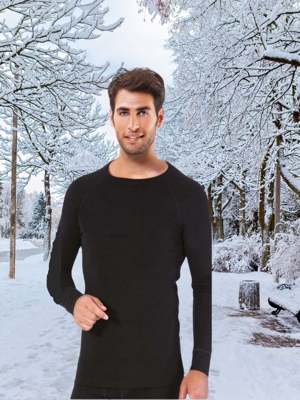Siyah Bisiklet Yaka Termal İç Giyim Uzun Kol - Vücut Isısını Koruyan Erkek Thermo Fanila-801
