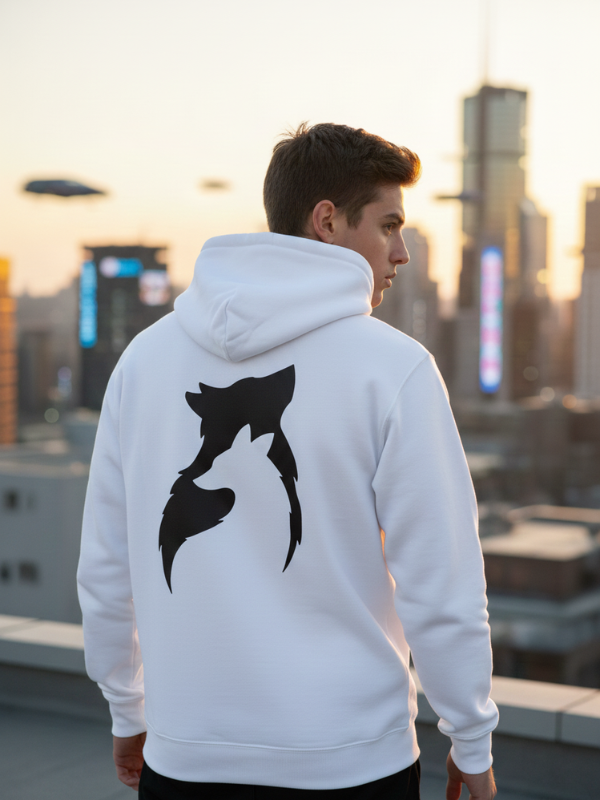 Unisex Sırtı Kurt Figürlü Beyaz Hoodie / Güçlü Silüet Baskılı Kapüşonlu Sweatshirt