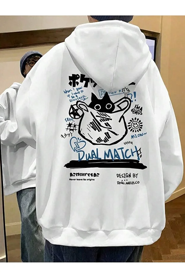 japon yazılar ve poşette kedi ön arka baskılı beyaz oversize kapşonlu sweatshirt hoodie