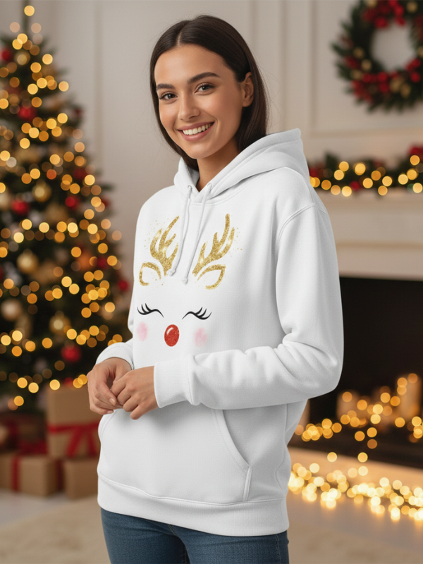 Unisex  Kışlık Kapüşonlu Sweatshirt Glitter Geyik Yüzü ve Kırmızı Burun Baskılı