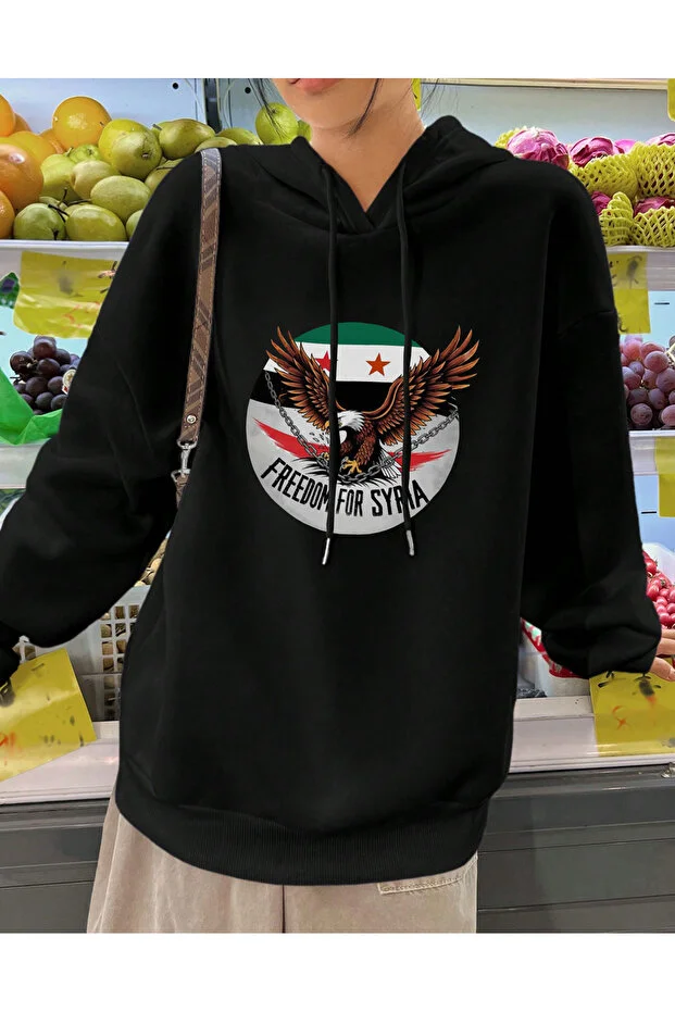 Unisex Sweatshirt – Suriye Bayrağı Taşıyan Kartal Dijital Baskılı , Kapüşonlu