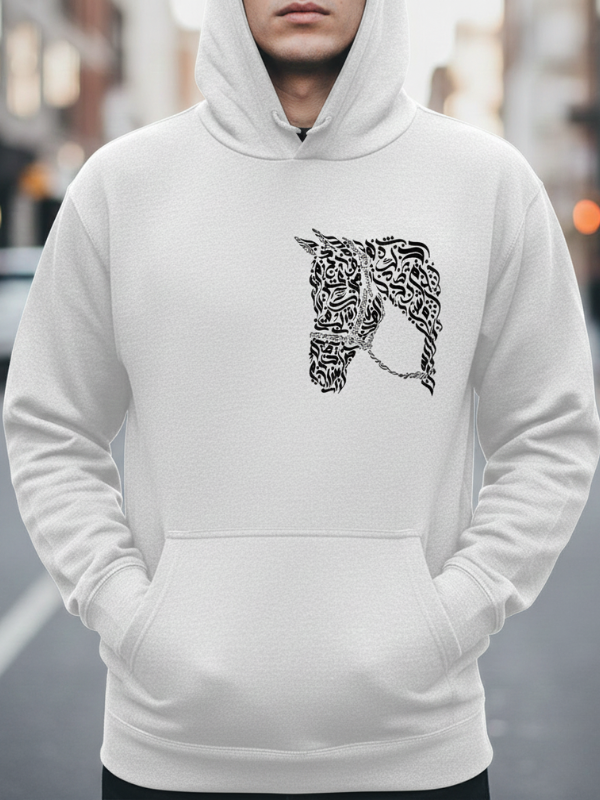 Erkek Unisex Arapça Hat Sanatı At Başlıklı Siyah Hoodie