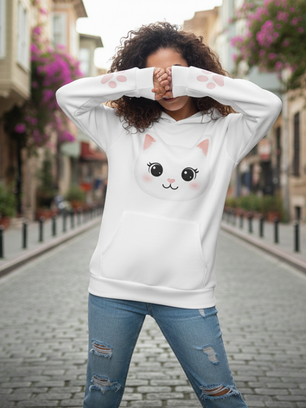 Unisex Kedi Yüzü Baskılı Hoodie Pençe Detaylı Sevimli Kapüşonlu Sweatshirt