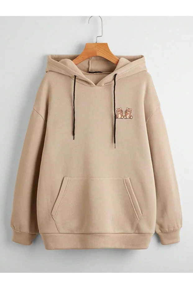 Baskılı ekru Kapüşonlu Sweatshirt Hoodie