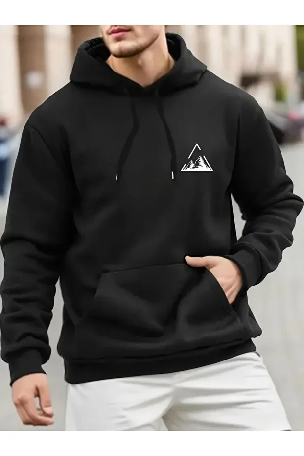 Dağ Baskılı Kapüşonlu Sweatshirt Hoodie