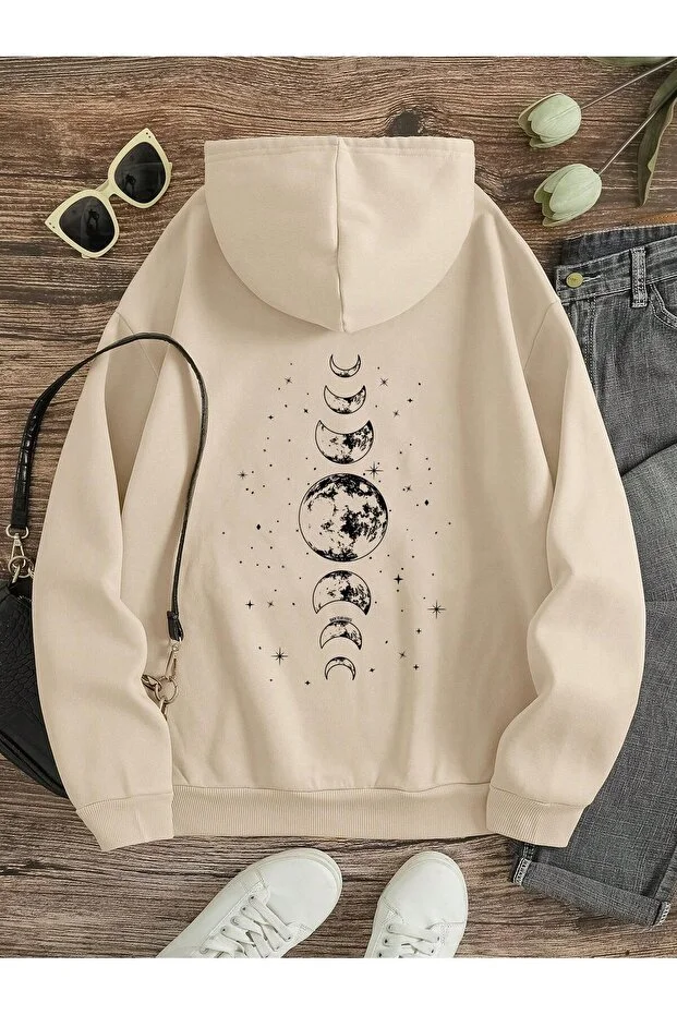 ay evreleri ön arka baskılı ekru oversize kapşonlu sweatshirt hoodie