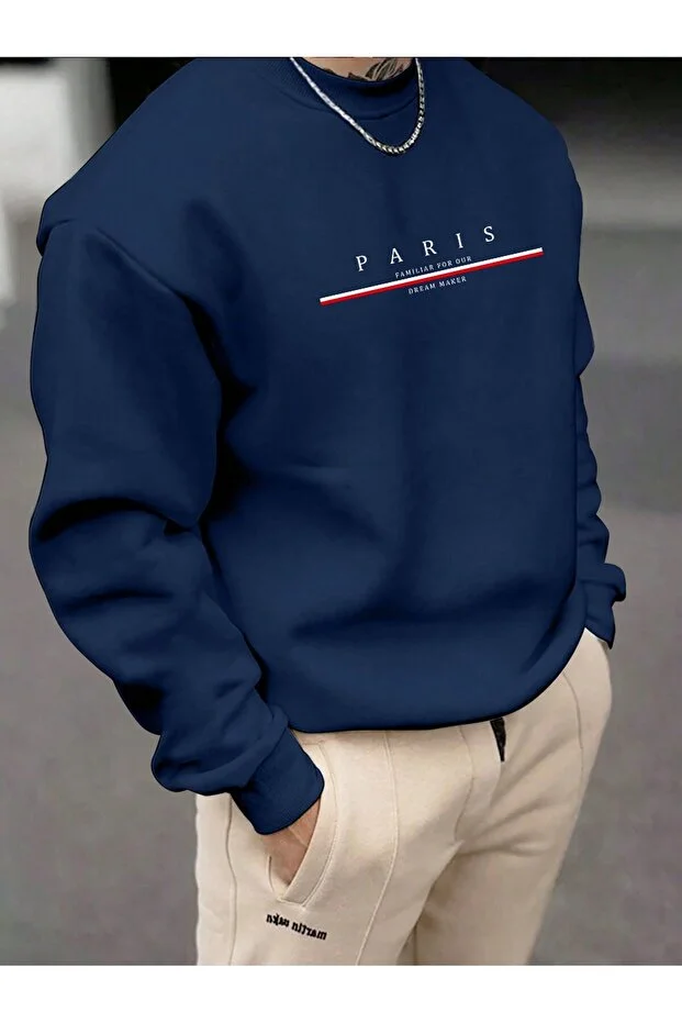 Paris Baskılı Bisiklet Yaka Sweatshirt