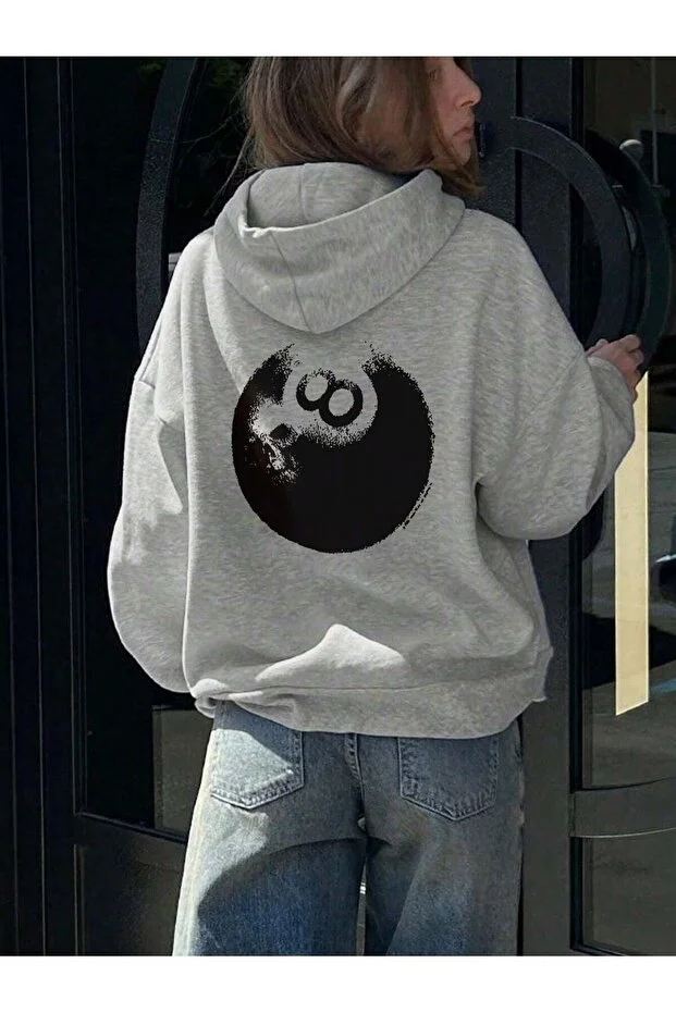 8ball siyah arka baskılı gri oversize kapşonlu sweatshirt hoodie