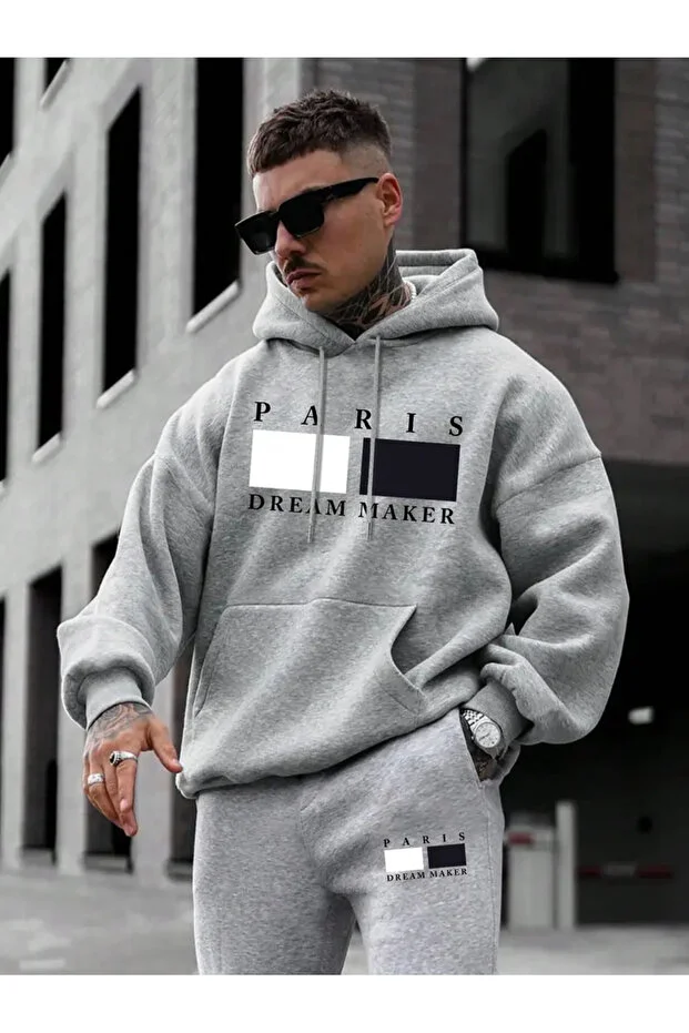 Paris Baskılı siyah Kapüşonlu Sweatshirt Hoodie