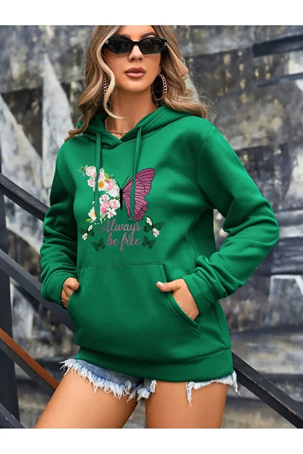 Kelebek ve Çiçekler Baskılı Kapüşonlu Sweatshirt Hoodie