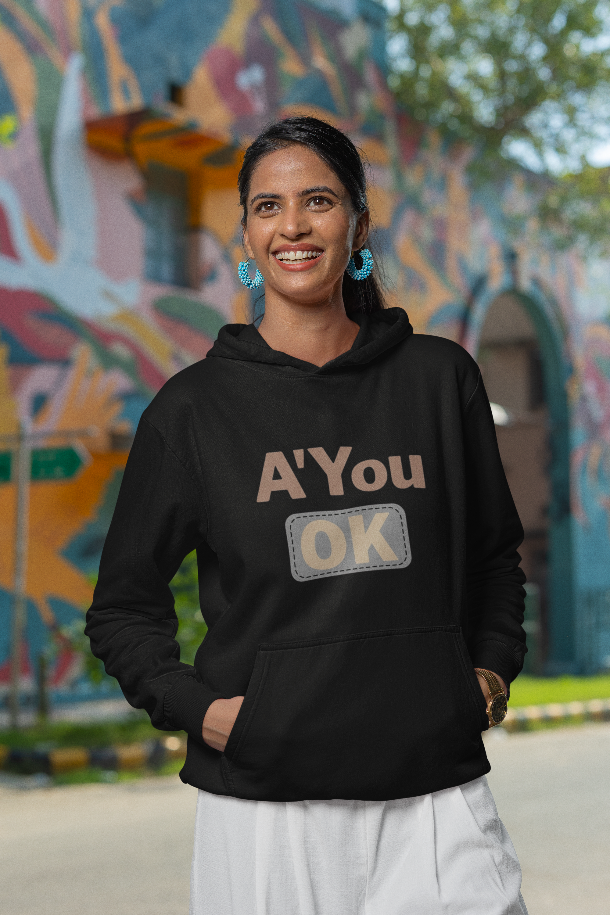 UNISEX  "A' You OK" Baskılı Hoodie  Rahat Kesim Kapüşonlu Sweatshirt