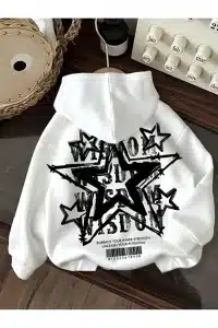 yıldız arka baskılı beyaz oversize kapşonlu sweatshirt hoodie