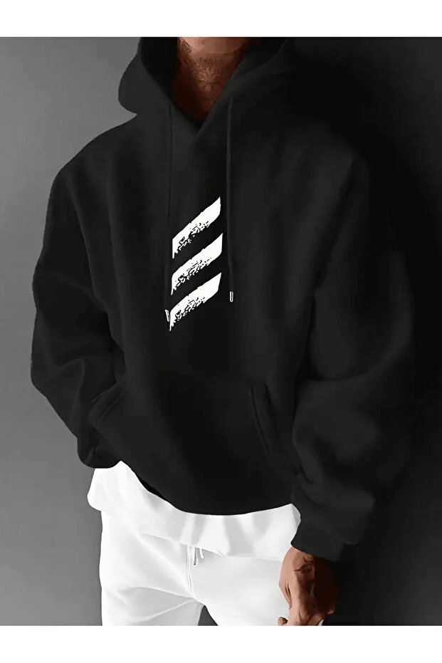 Unisex Oversize Kapüşonlu Sweatshirt Üç Çizgi Desenli