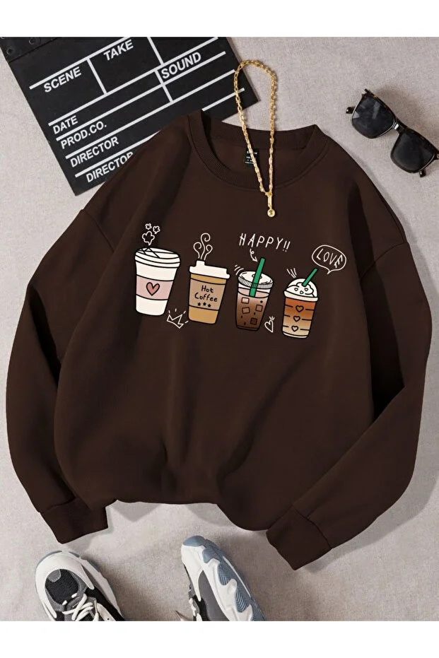 Kahve Baskılı Bisiklet Yaka Sweatshirt