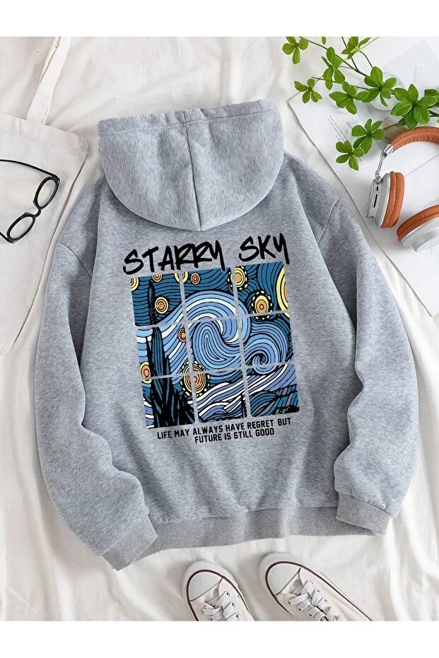 yıldızlı gece starry sky van gogh arka baskılı beyaz oversize kapşonlu sweatshirt hoodie