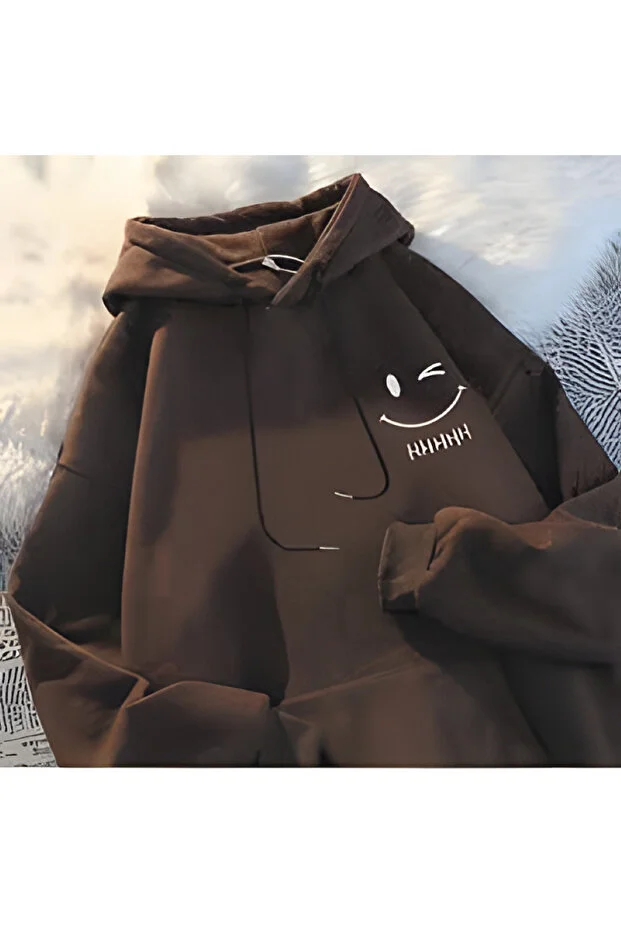 Gülümseme Yüzü Baskılı Kapüşonlu Sweatshirt Hoodie.