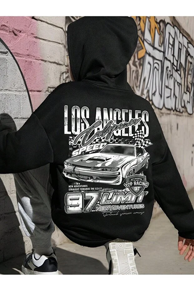los angeles araba arka baskılı siyah oversize kapşonlu sweatshirt hoodie
