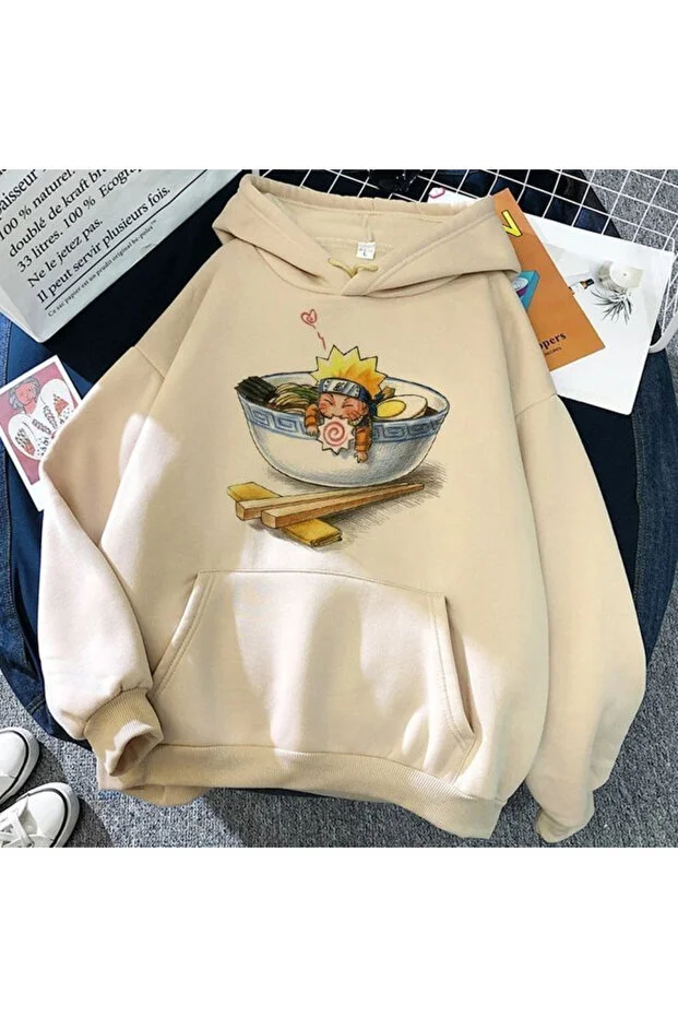 Anime Baskılı siyah Kapüşonlu Sweatshirt Hoodie