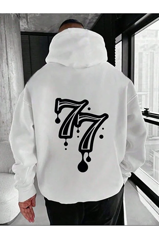 Unisex Sweatshirt – 77 yemiş yedi ön arka Dijital Baskılı , Oversize, Kapüşonlu
